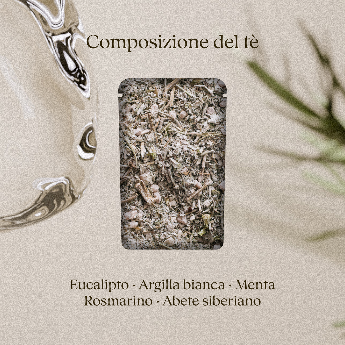 Composizione del tè da bagno Nordic Forest: eucalipto, argilla bianca, menta, rosmarino e abete siberiano