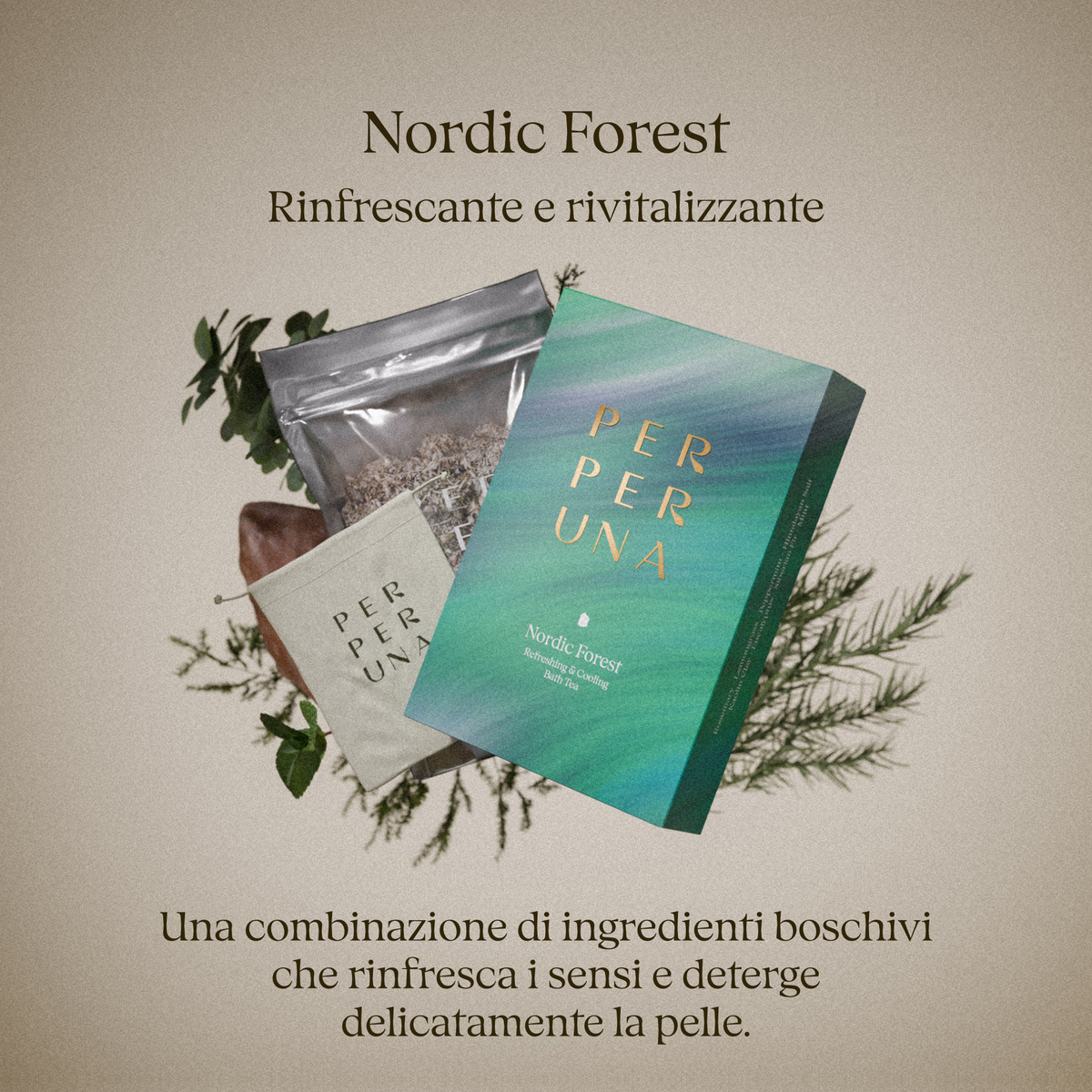 Nordic Forest, tè da bagno boschivo: confezione, busta e sacchetto di cotone