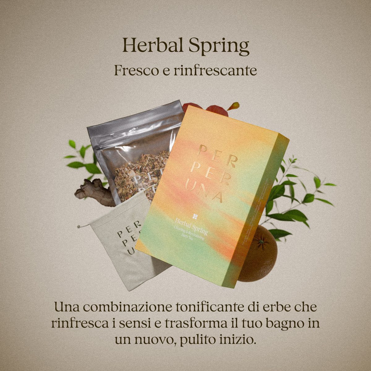 Herbal Spring, tè da bagno alle erbe: confezione, busta e sacchetto di cotone