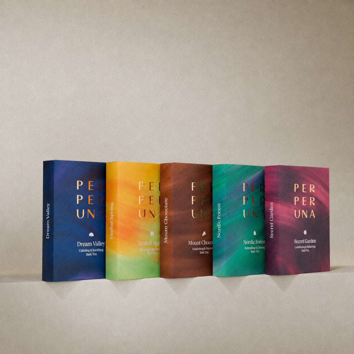 Kompletná kolekcia čajov do kúpeľa 5 × 50 g: Dream Valley, Herbal Spring, Mount Chocolate, Nordic Forest a Secret Garden