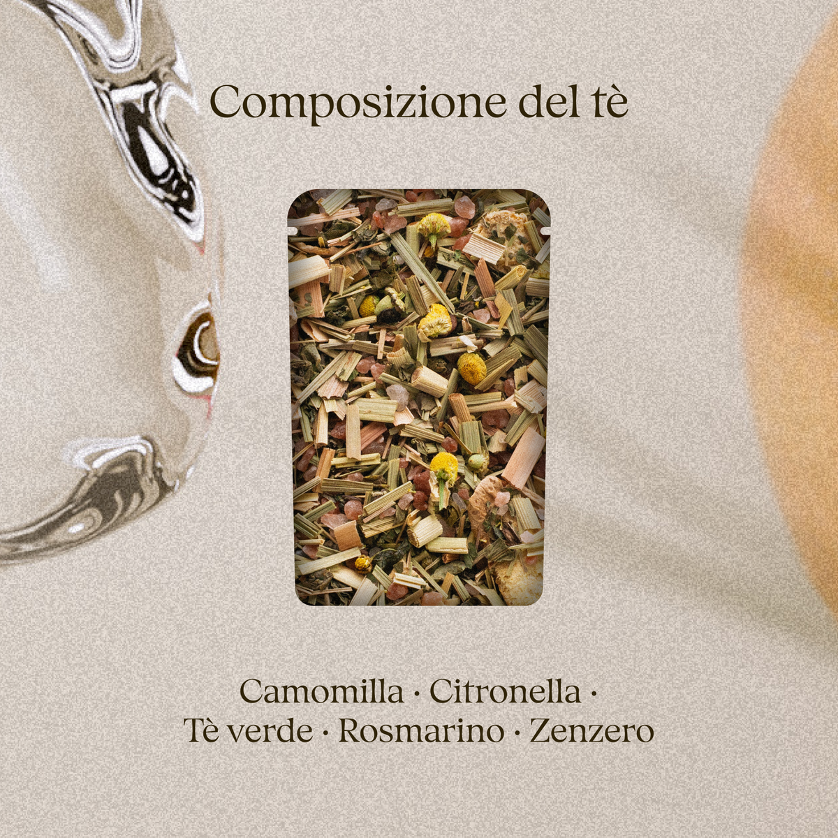 Composizione del tè da bagno Herbal Spring: camomilla, citronella, tè verde, rosmarino e zenzero