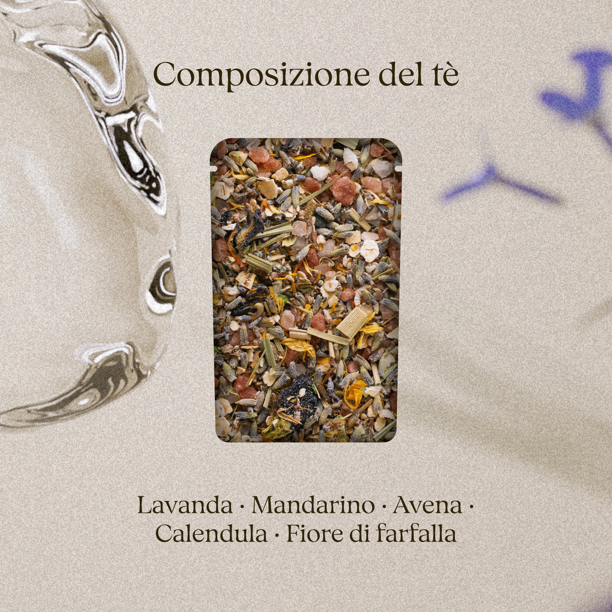 Composizione del tè da bagno Dream Valley: lavanda, mandarino, avena, calendula e fiore di clitoria