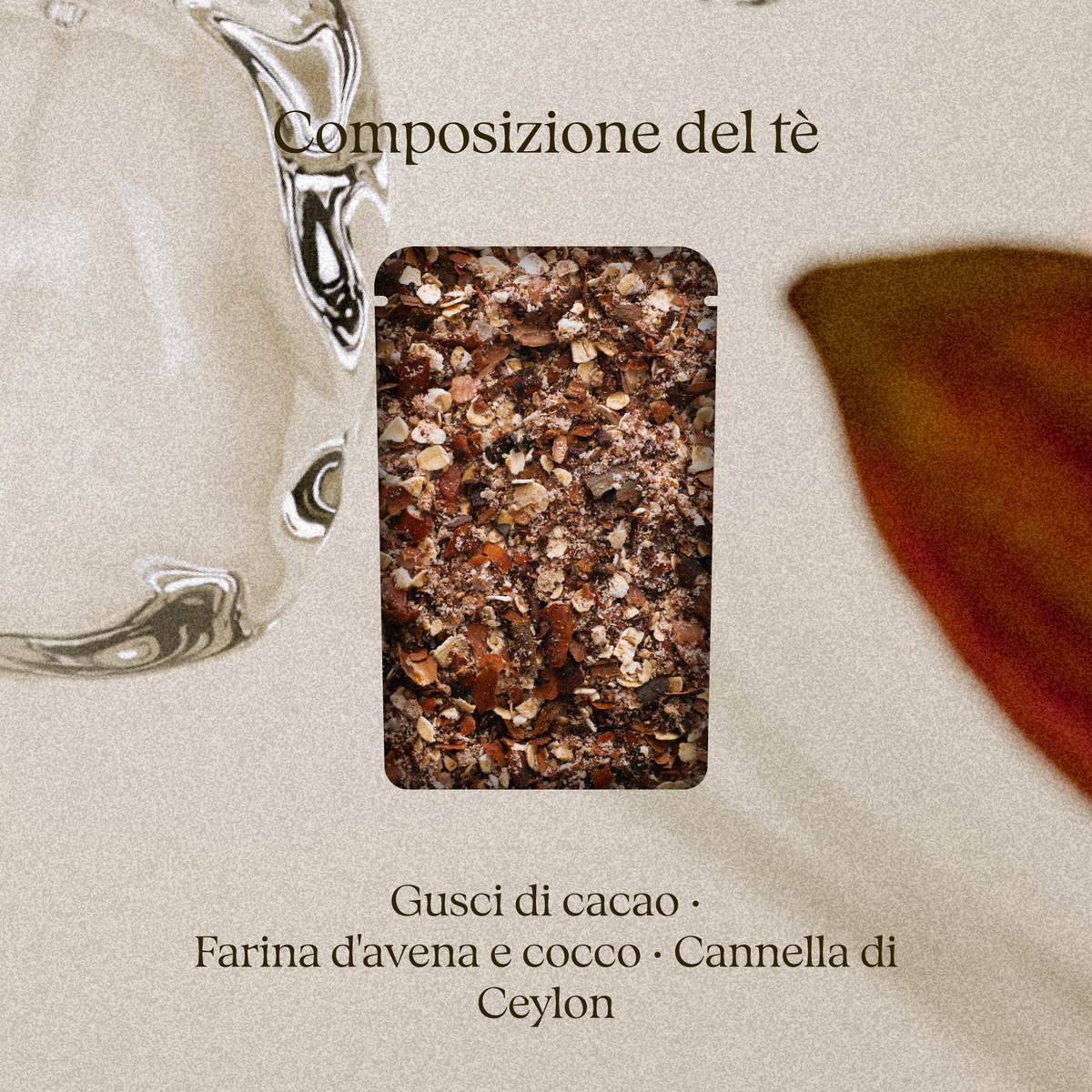 Composizione del tè da bagno Mount Chocolate: gusci di cacao, farina d’avena, cocco e cannella di Ceylon
