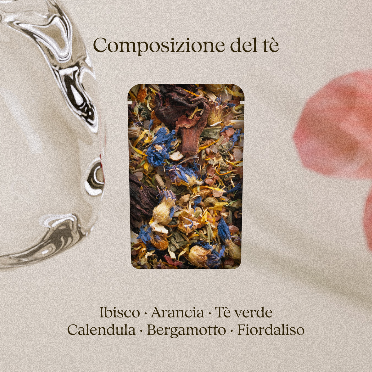 Composizione del tè da bagno Secret Garden: ibisco, arancia, tè verde, calendula, bergamotto e fiordaliso
