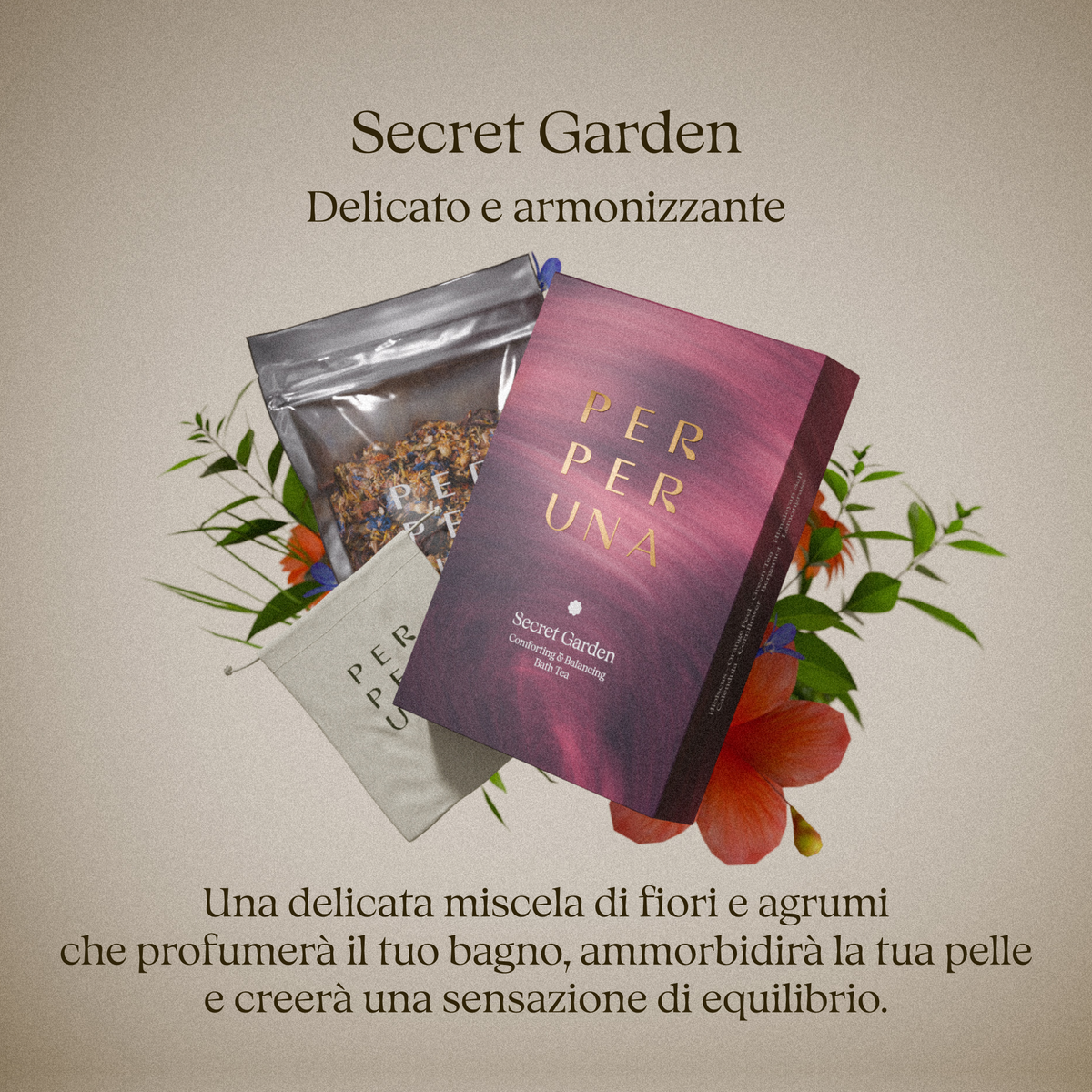 Secret Garden, tè da bagno floreale: confezione, busta e sacchetto di cotone