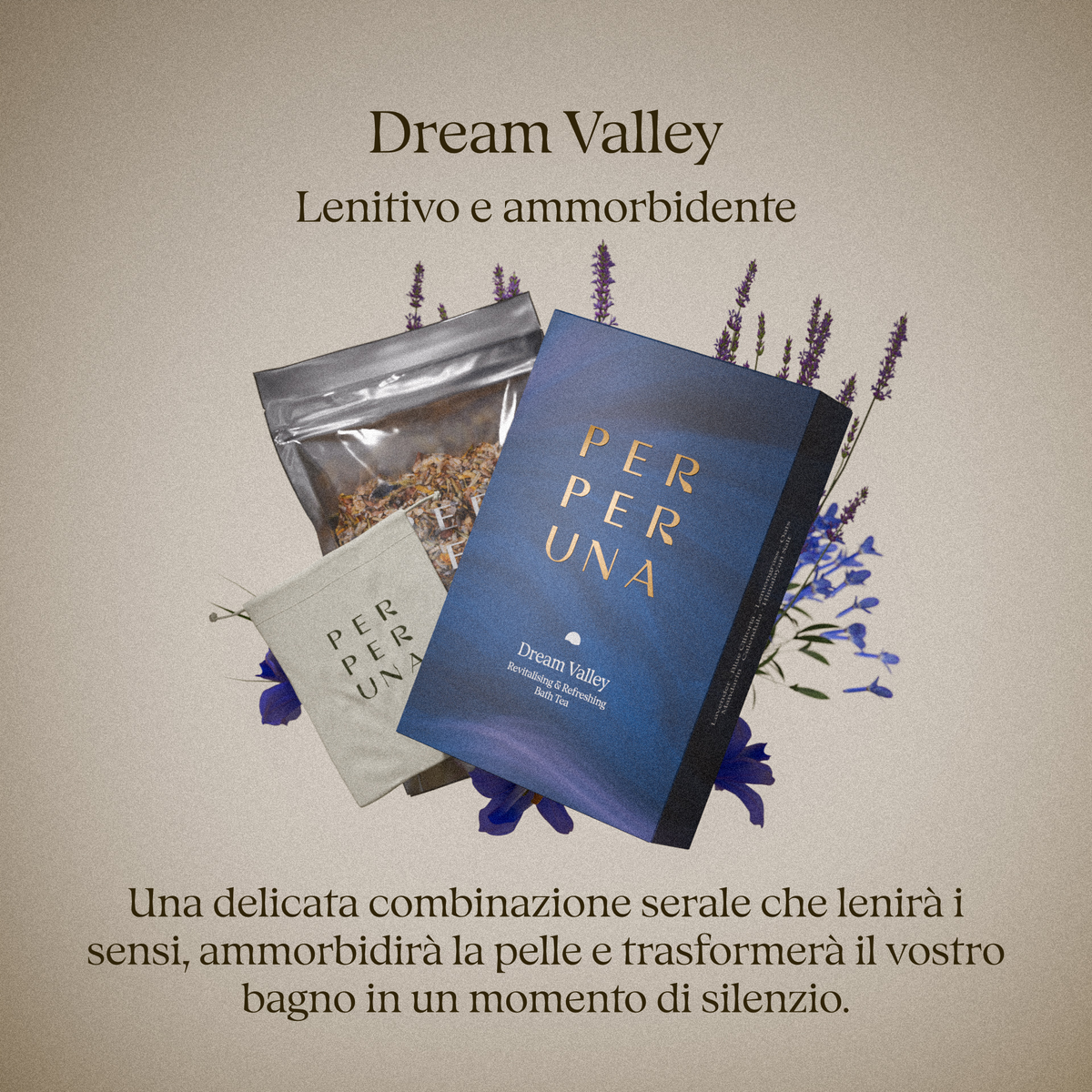 Dream Valley, tè da bagno alla lavanda: confezione, busta e sacchetto di cotone